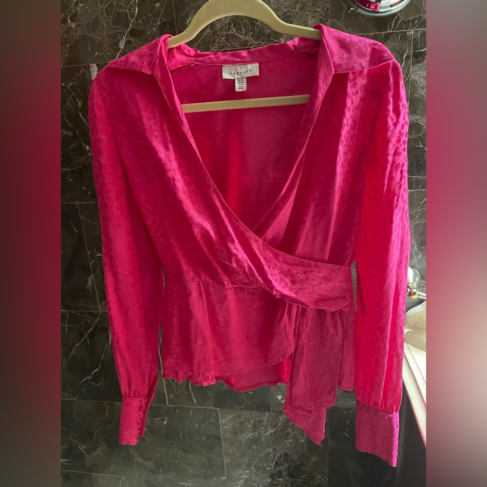 Topshop Cheetah Print Hot Pink Satin Blouse Size 8